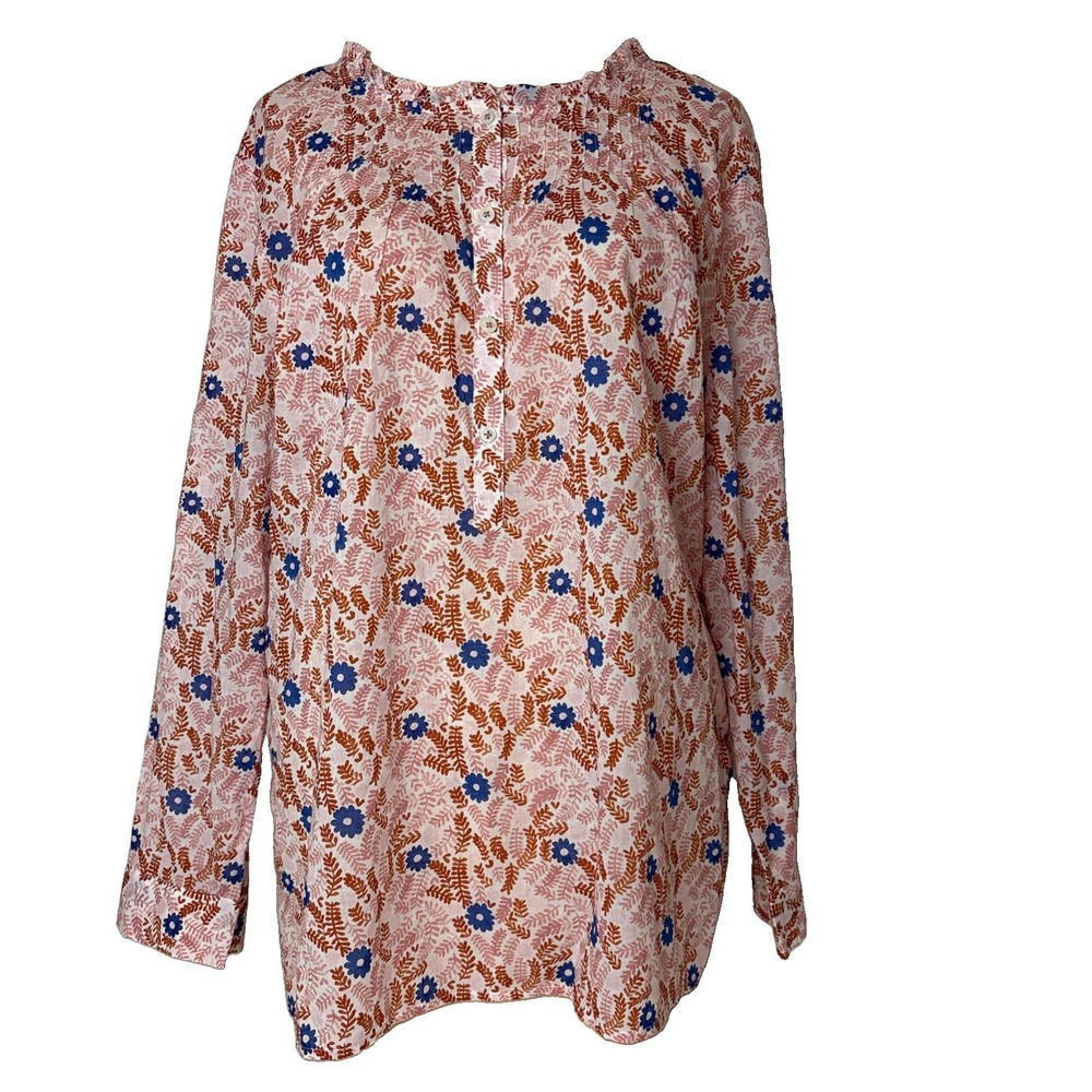 Talbots 100% Cotton Floral Print Long Sleeve Ruffle Neck Top XL popover henley